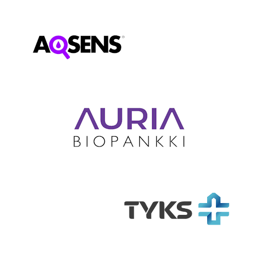 Auria Biobank, Aqsens and Tyks logos..