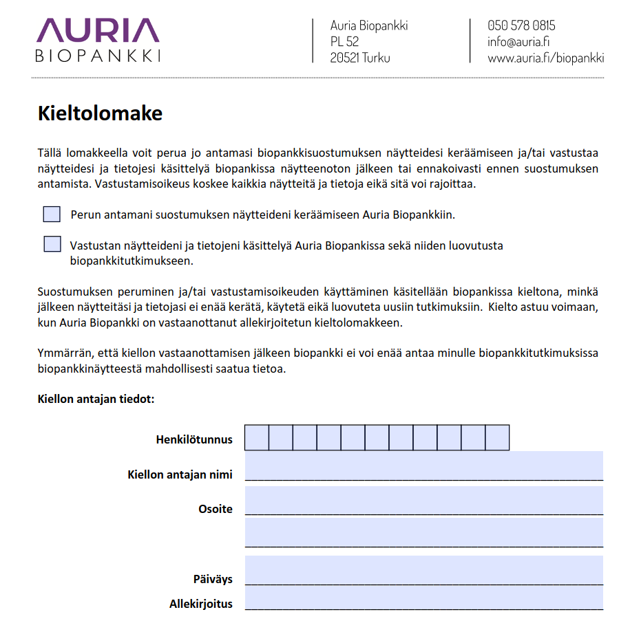 Auria Biopankin paperinen kieltolomake.