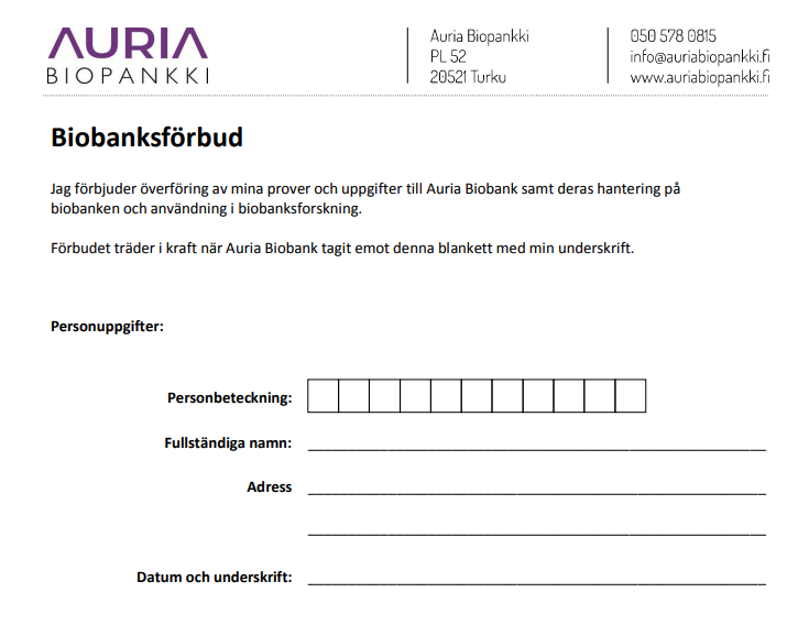 Online-formulär för biobanksförbud.