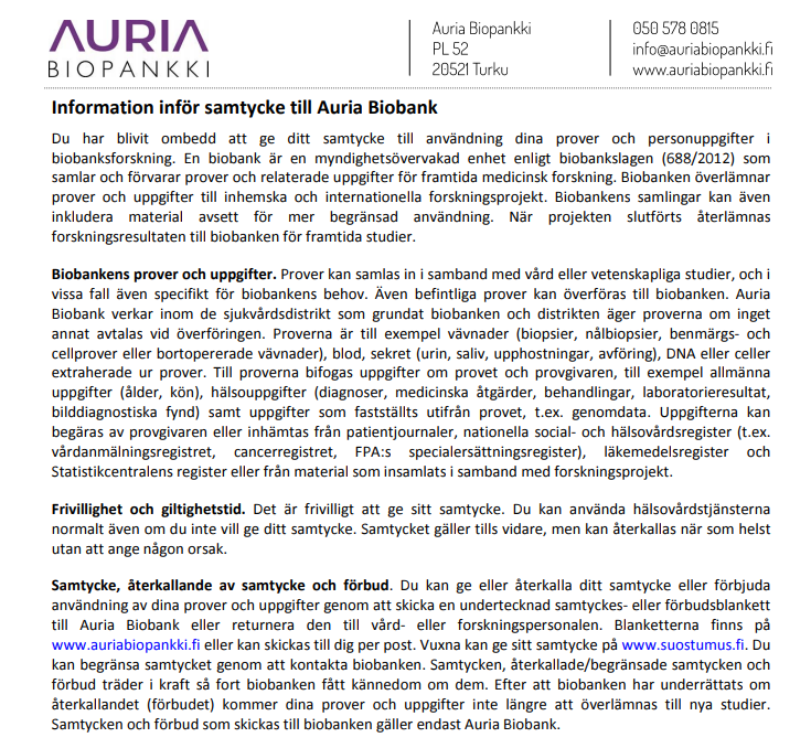 Informationsblad om biobanken och samtyckesblankett.