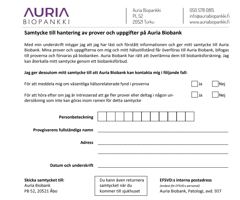 Pappersblankett för biobankssamtycke.
