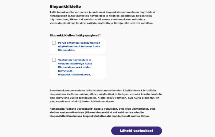 Varha-sovelluksen biopankkikielto-ikkuna.