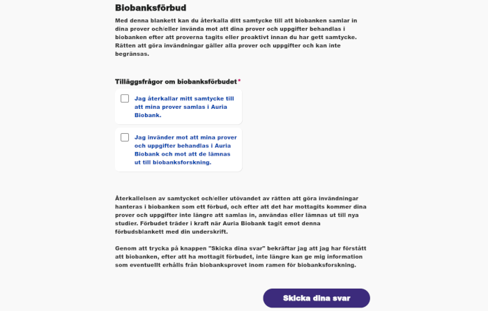 Skärm för biobanksförbud i Varha-applikationen.