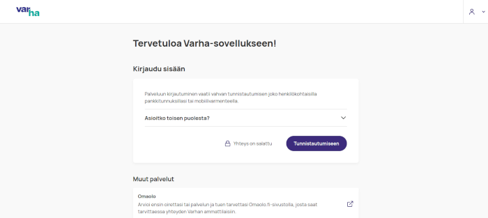 Varha-sovellukseen kirjautumisikkuna.