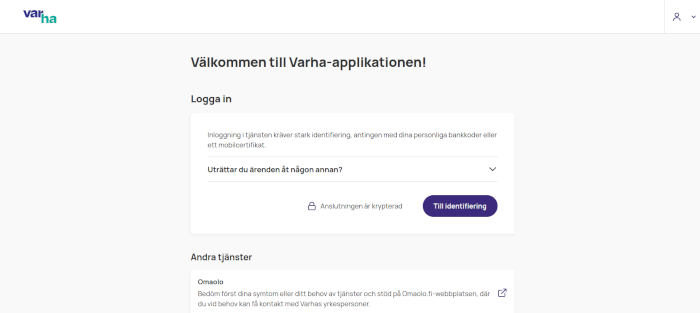 Inloggningsskärm för Varha-applikationen.
