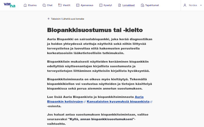 Biopankkisuostumus tai -kielto Varha-sovelluksessa.